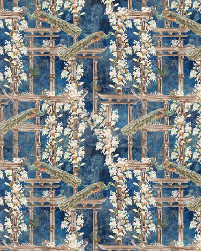 Tapet cu design japonez, porți Torii, păuni și flori delicate pe un fundal albastru marin. Se potrivește perfect pentru living, dormitor sau birou.