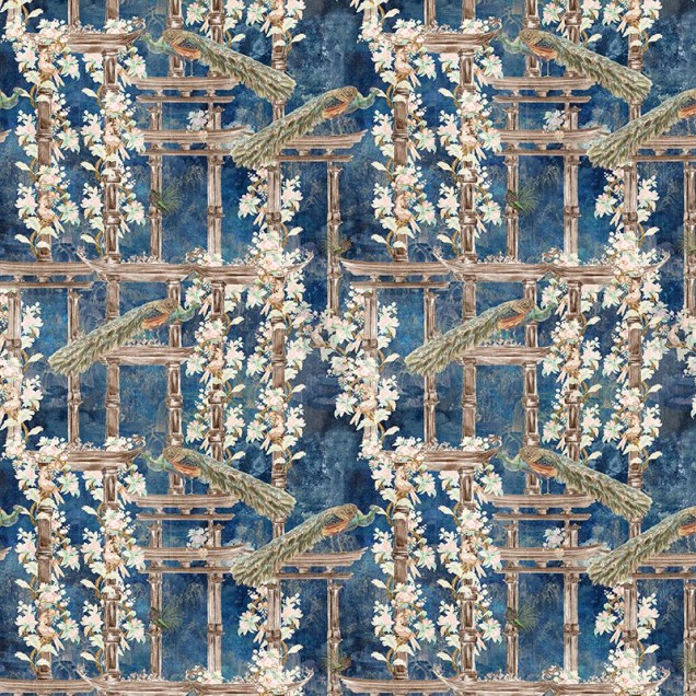 Tapet cu design japonez, porți Torii, păuni și flori delicate pe un fundal albastru marin. Se potrivește perfect pentru living, dormitor sau birou.