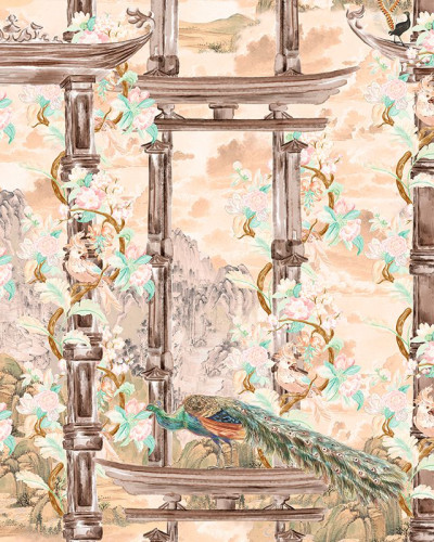 Tapet Torri Cream Lanscape cu design asiatic, ce prezintă flori și arhitectură tradițională.