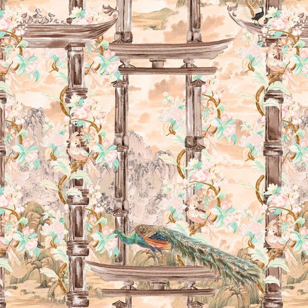 Tapet Torri Cream Lanscape cu design asiatic, ce prezintă flori și arhitectură tradițională.