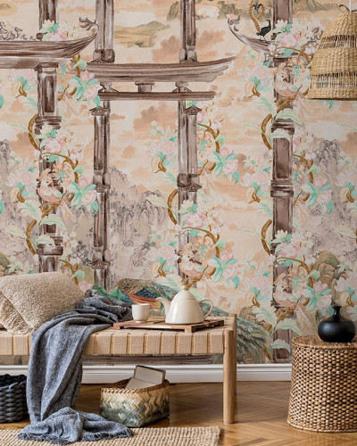 Tapet Torri Cream Lanscape cu design asiatic, ce prezintă flori și arhitectură tradițională.