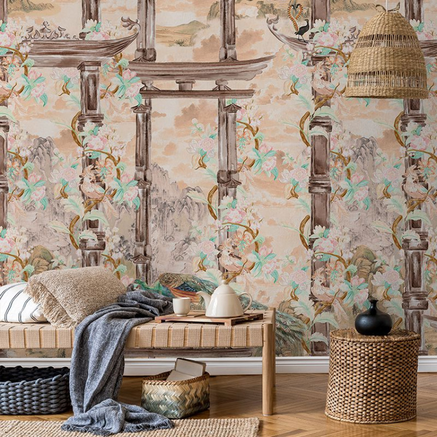 Tapet Torri Cream Lanscape cu design asiatic, ce prezintă flori și arhitectură tradițională.