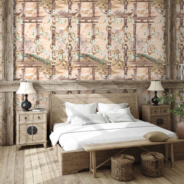 Tapet Torri Cream Lanscape cu design asiatic, ce prezintă flori și arhitectură tradițională.