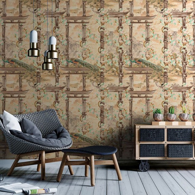 Tapet Torri Cream Lanscape cu design asiatic, ce prezintă flori și arhitectură tradițională.
