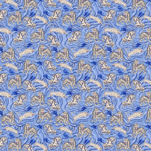 Tapet Waghoba Cornflower, cu tigri albi pe un fundal albastru vibrant