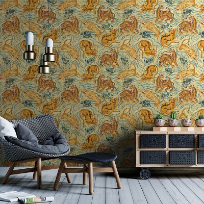 Tapet cu tigri, Buttermilk, VLAdiLA, design exotic, tigri curajoși, eleganți, fundal cald, spațiu modern, decoratiuni interioare