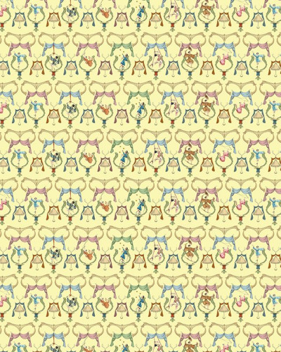 Tapet galben cu design vesel, inspirat de circul traditional, cu o multime de acrobați si clovni