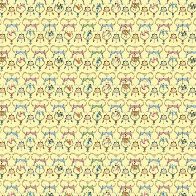 Tapet galben cu design vesel, inspirat de circul traditional, cu o multime de acrobați si clovni