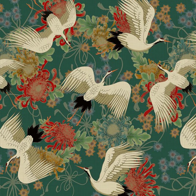 Tapet cu design oriental Uchikake (verde) cu macarale albe zburând printre flori delicate pe un fundal verde închis.