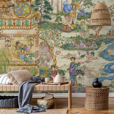 Tapet The King Suite, cu design asiatic elegant, cu detalii delicate, pictate manual, cu copaci, flori, apă și figuri umane.