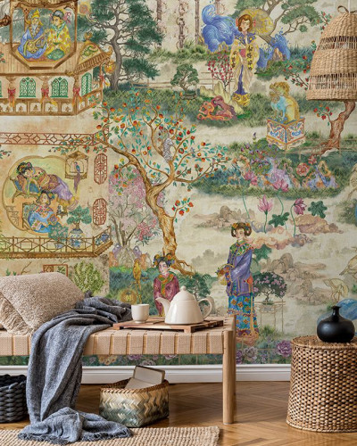 Tapet The King Suite, cu design asiatic elegant, cu detalii delicate, pictate manual, cu copaci, flori, apă și figuri umane.