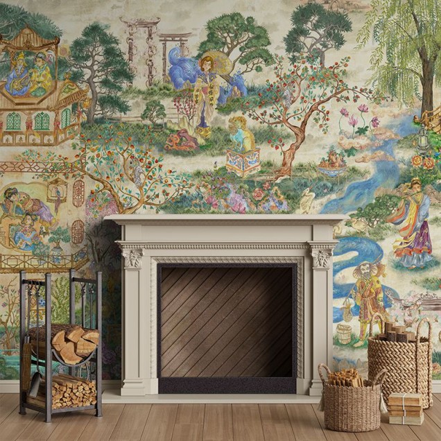 Tapet The King Suite, cu design asiatic elegant, cu detalii delicate, pictate manual, cu copaci, flori, apă și figuri umane.