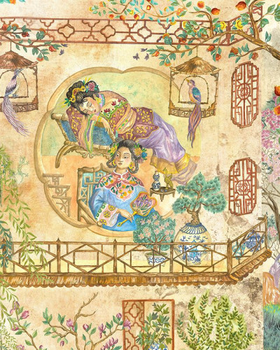 Tapet The King Suite, cu design asiatic elegant, cu detalii delicate, pictate manual, cu copaci, flori, apă și figuri umane.