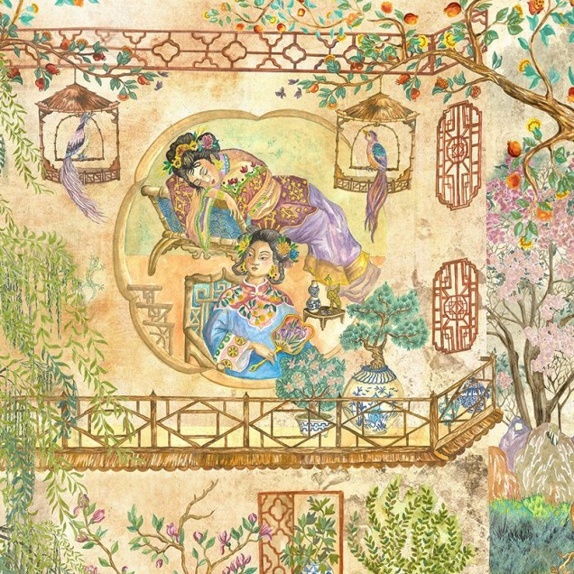 Tapet The King Suite, cu design asiatic elegant, cu detalii delicate, pictate manual, cu copaci, flori, apă și figuri umane.