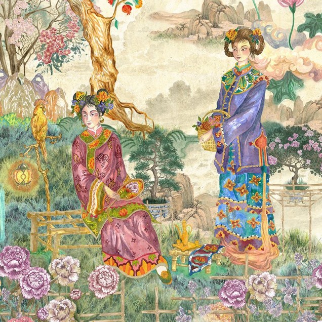 Tapet The King Suite, cu design asiatic elegant, cu detalii delicate, pictate manual, cu copaci, flori, apă și figuri umane.