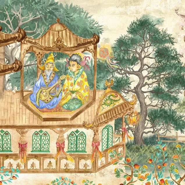 Tapet The King Suite, cu design asiatic elegant, cu detalii delicate, pictate manual, cu copaci, flori, apă și figuri umane.