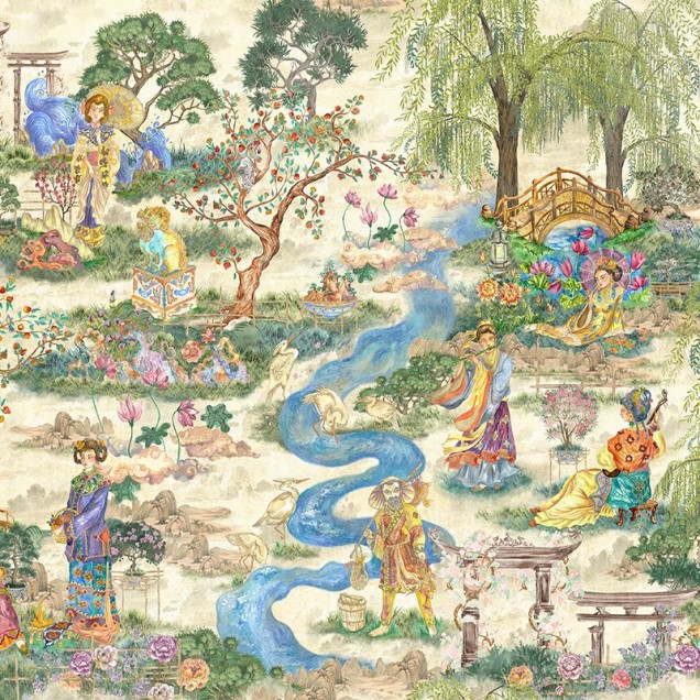 Tapet The King Suite, cu design asiatic elegant, cu detalii delicate, pictate manual, cu copaci, flori, apă și figuri umane.