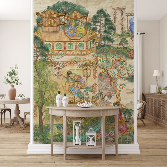 Tapet The King Suite, cu design asiatic elegant, cu detalii delicate, pictate manual, cu copaci, flori, apă și figuri umane.