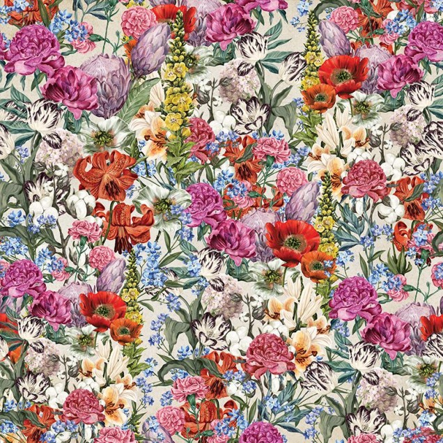 Tapet floral cu flori multicolore pe un fundal subtil, perfect pentru a crea o atmosferă elegantă în orice cameră.