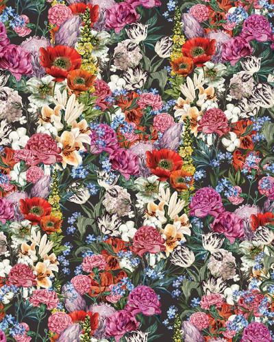 Tapet floral cu flori delicate pe un fond întunecat.