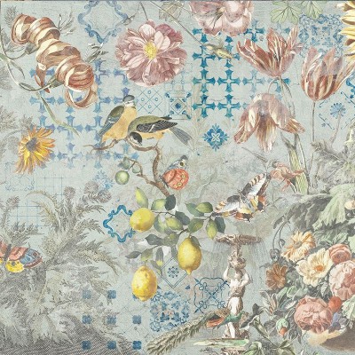 Tapet floral cu motive geometrice in culori albastre, tapet **Ceramic Flowers (Blue)**