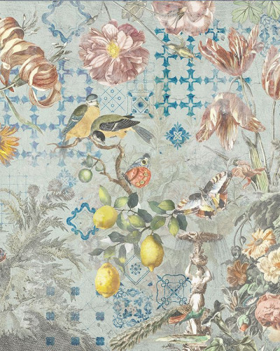 Tapet floral cu motive geometrice in culori albastre, tapet **Ceramic Flowers (Blue)**