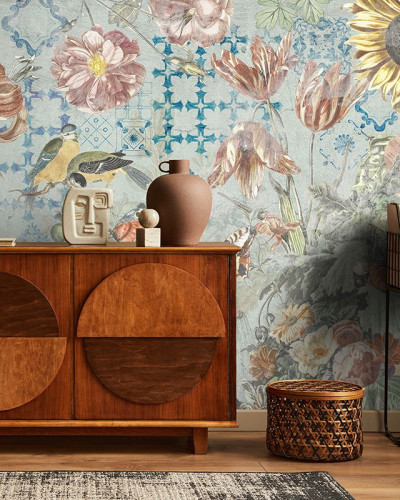 Tapet floral cu motive geometrice in culori albastre, tapet **Ceramic Flowers (Blue)**