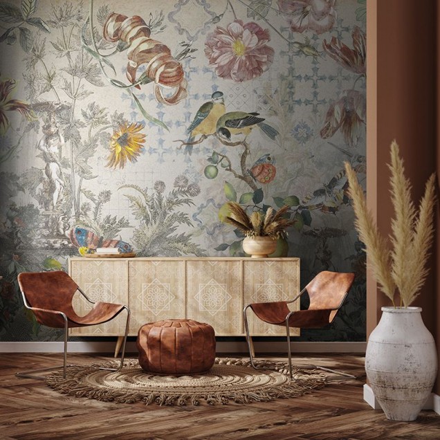 Tapet floral crem cu design elegant, baie cu cadă