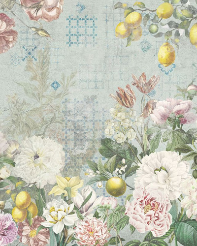 Tapet floral Flutter of Wings Blue, cu fluturi și flori delicate, pe fundal albastru