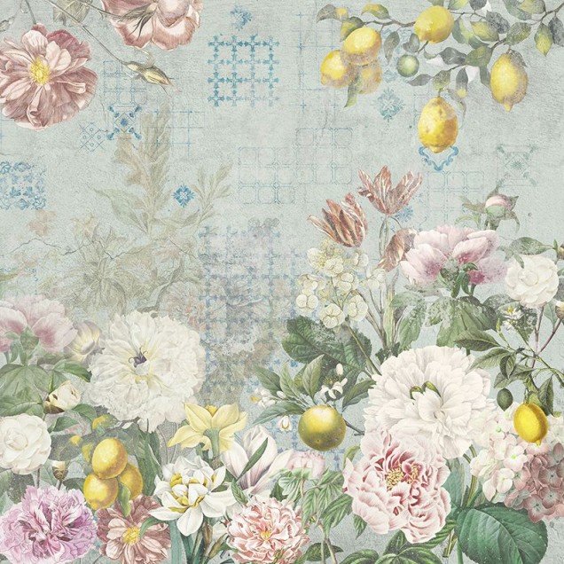 Tapet floral Flutter of Wings Blue, cu fluturi și flori delicate, pe fundal albastru