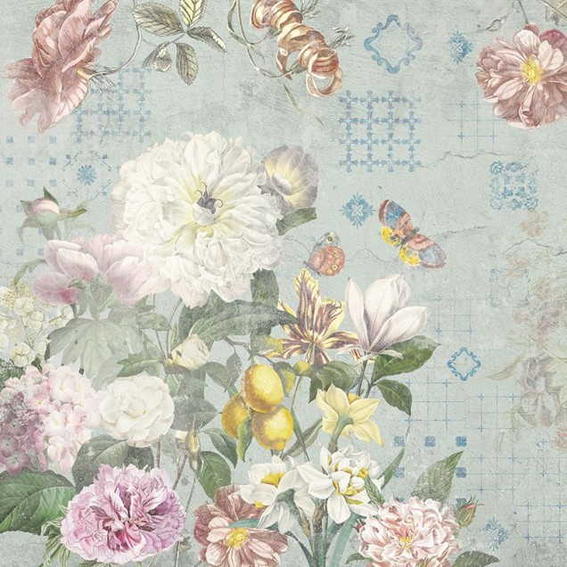 Tapet floral Flutter of Wings Blue, cu fluturi și flori delicate, pe fundal albastru