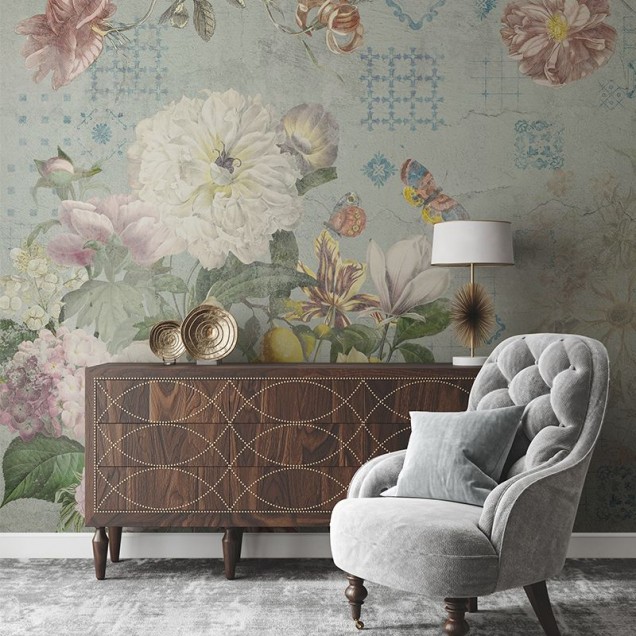 Tapet floral Flutter of Wings Blue, cu fluturi și flori delicate, pe fundal albastru