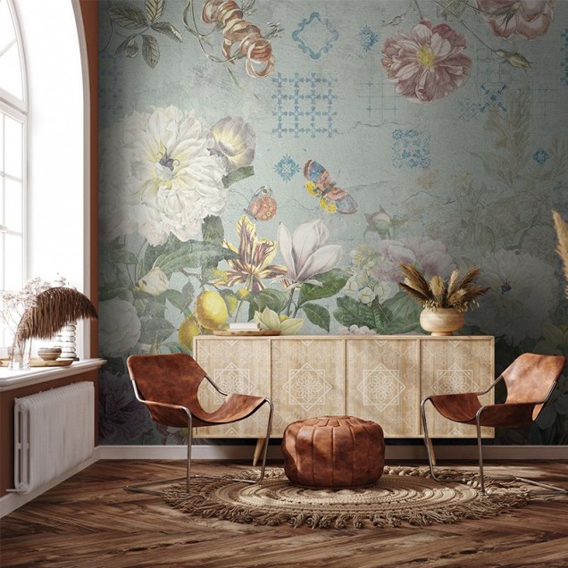 Tapet floral Flutter of Wings Blue, cu fluturi și flori delicate, pe fundal albastru
