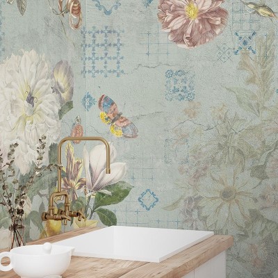 Tapet floral Flutter of Wings Blue, cu fluturi și flori delicate, pe fundal albastru