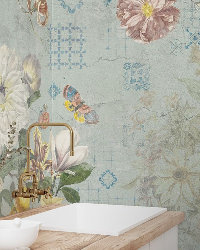 Tapet floral Flutter of Wings Blue, cu fluturi și flori delicate, pe fundal albastru