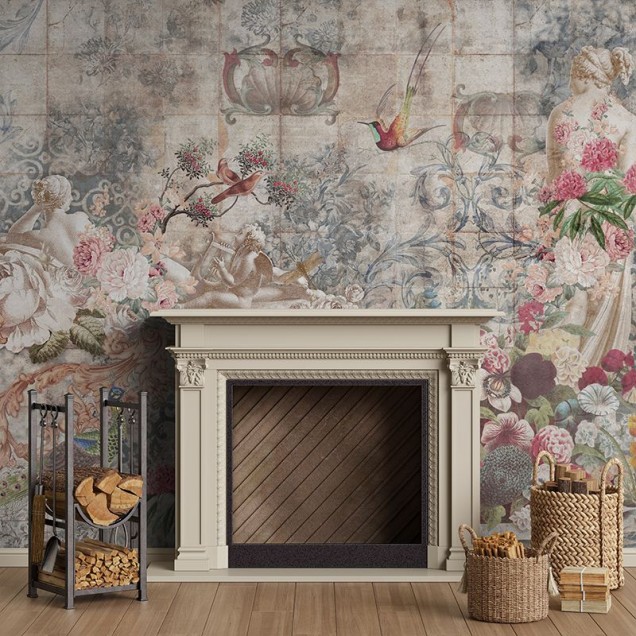 Tapet vintage cu flori delicate si pasarele multicolore