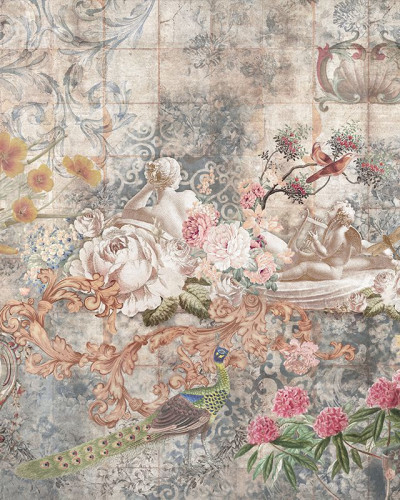 Tapet vintage cu flori delicate si pasarele multicolore