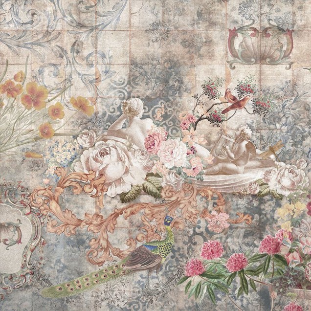 Tapet vintage cu flori delicate si pasarele multicolore