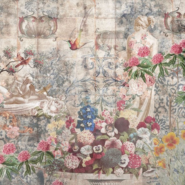 Tapet vintage cu flori delicate si pasarele multicolore
