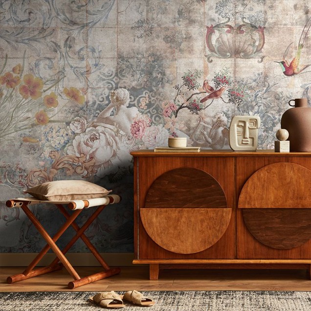 Tapet vintage cu flori delicate si pasarele multicolore