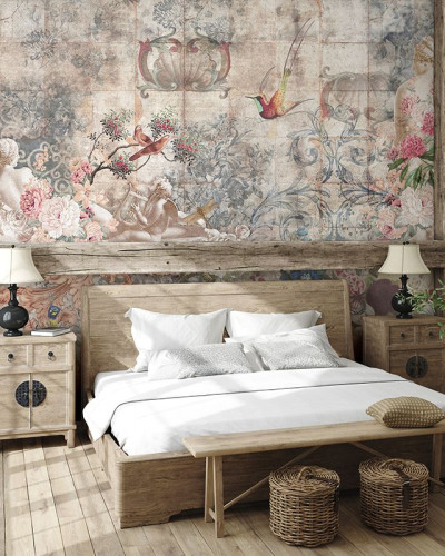 Tapet vintage cu flori delicate si pasarele multicolore