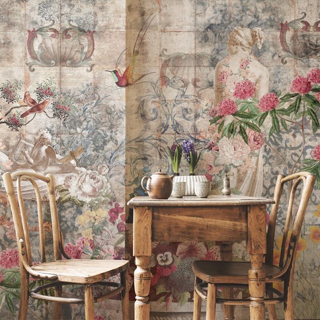 Tapet vintage cu flori delicate si pasarele multicolore