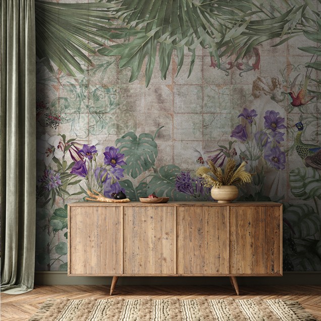 Tapet floral cu frunze tropicale și flori colorate