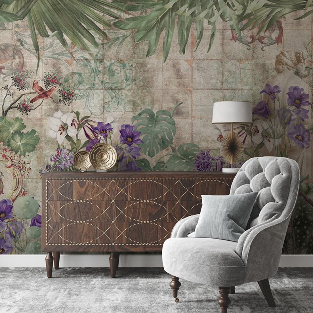 Tapet floral cu frunze tropicale și flori colorate