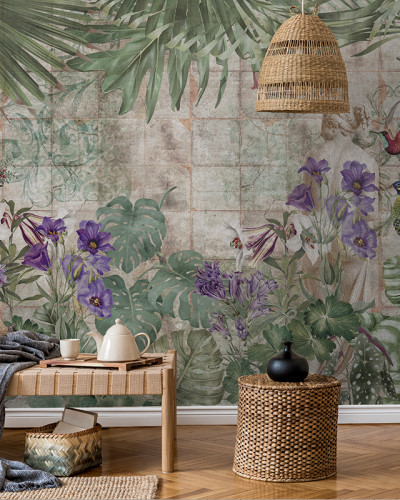 Tapet floral cu frunze tropicale și flori colorate
