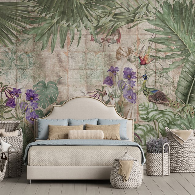 Tapet floral cu frunze tropicale și flori colorate