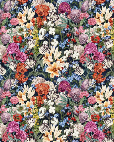 Tapet floral Primavera Flowers (dark) cu flori viu colorate pe un fond întunecat