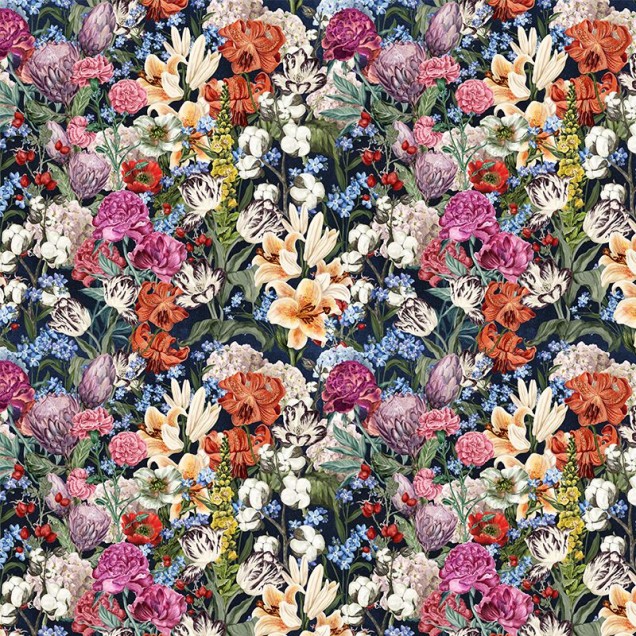 Tapet floral Primavera Flowers (dark) cu flori viu colorate pe un fond întunecat