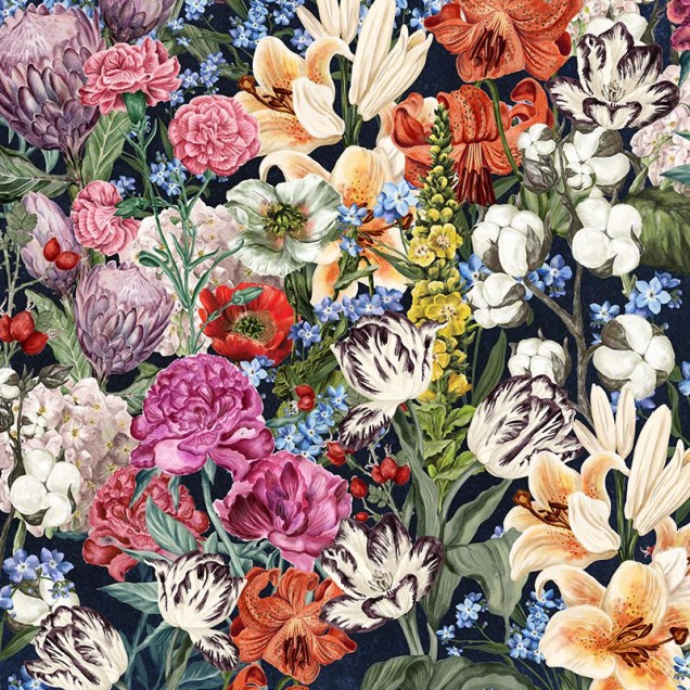 Tapet floral Primavera Flowers (dark) cu flori viu colorate pe un fond întunecat
