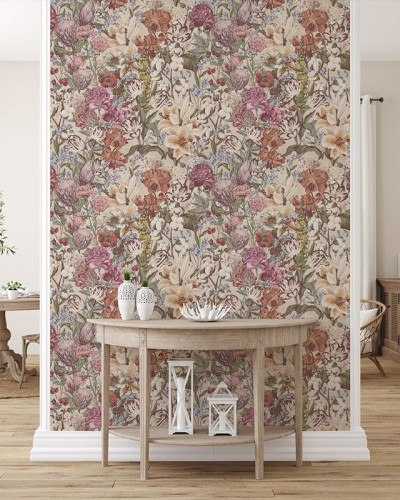 Tapet floral Primavera Pastel Flowers cu flori delicate in nuante pastelate, pe un fond crem.